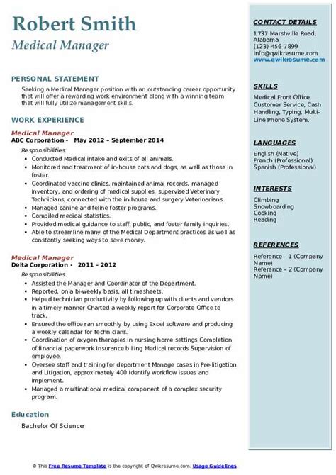 Resume format for medical job. Medical Manager Resume Samples | QwikResume