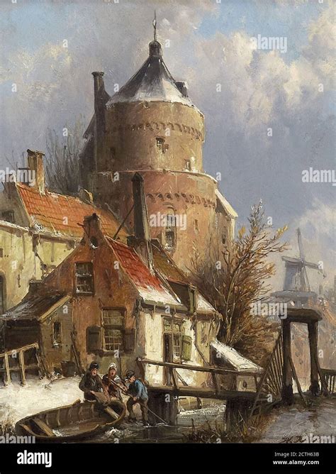 Koekkoek Willem View Of A Dutch Town In Winter With Figures By A