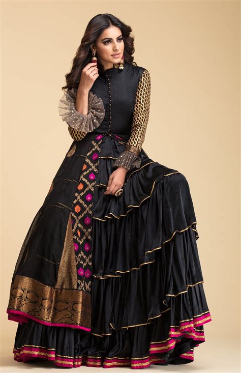 ,components:2 ,embellishment ,neckline:v neck ,sleeve length:full ,fabric:anarkali: Black Banarsi Anarkali with quilt details on bodice and gota details on sleeves and frills ...