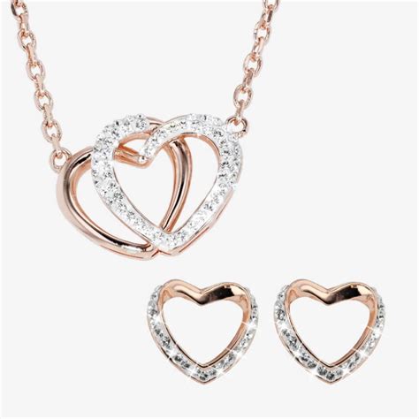 Swarovski® Crystals Rose Gold Finish Heart Necklace And Earrings Set
