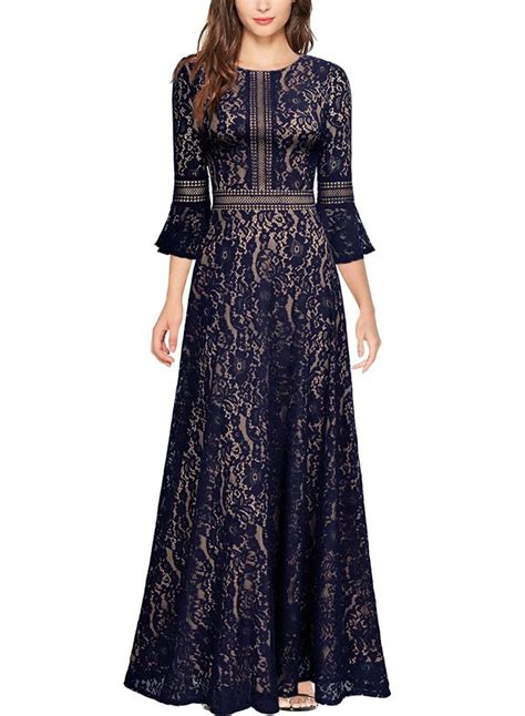 Missmay Womens Vintage Full Lace Contrast Bell Sleeve Formal Long Maxi