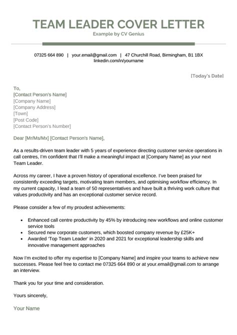 Team Leader Cover Letter Example And Free Template