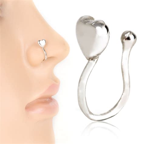 Fake Septum Medical Stainless Steel Heart Nose Ring Silver Body