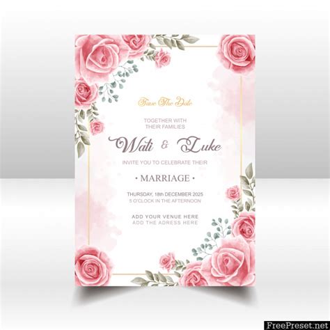 Wedding Invitation Card With Pink Rose Flower Watercolor Style 4342766