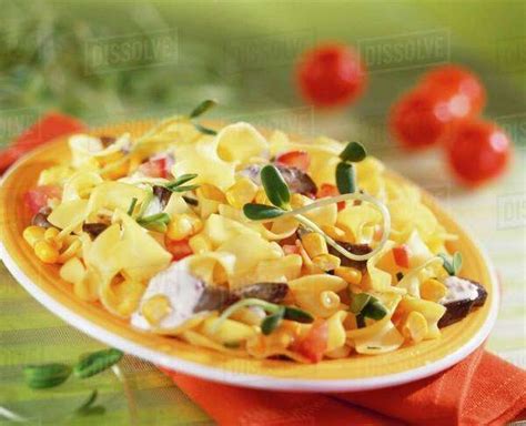 Ribbon Pasta With Sweetcorn And Sprouts Stock Photo Dissolve