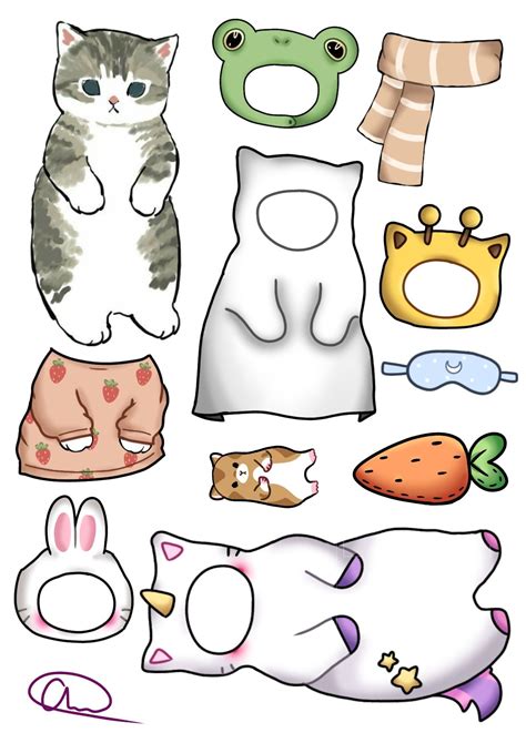 Котик с одеждой Иллюстрация кошки Стикер арт Винтажные бумажные куклы
