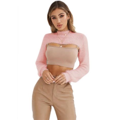Women Sweater Cropped Pullover Crop Top Sexy Solid Pink Sweater Long Sleeve O Neck Girl 2018 Hot