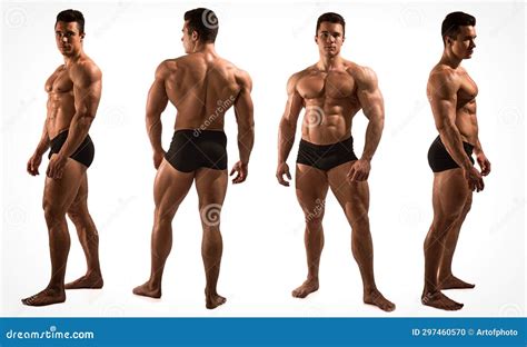 Four Views Of Muscular Shirtless Male Bodybuilder Back Front And
