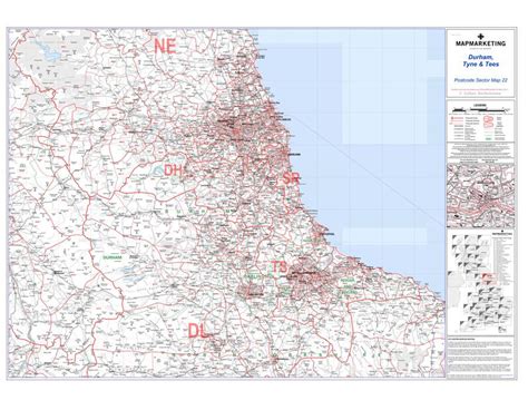 Durham Tyne And Tees Newcastle Upon Tyne Postcode Wall Map Sector