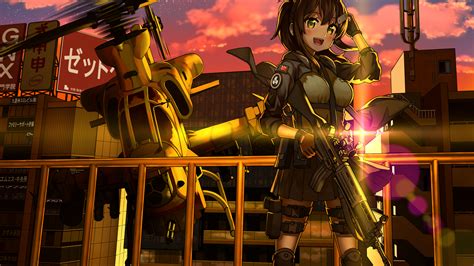 Download 2560x1440 Anime Girl Soldier Military Uniform Helicopter Smiling Gun Buildings
