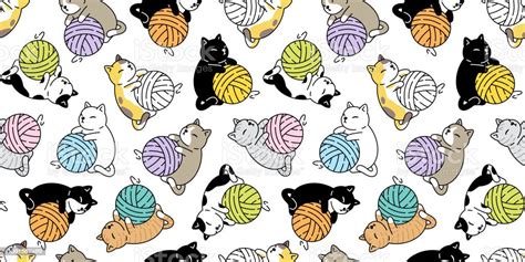 Cat Seamless Pattern Calico Vector Kitten Yarn Ball Neko Toy Breed