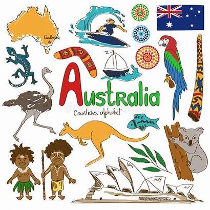 Australia Icons Alphabet Countries Vector Sketch Colorful