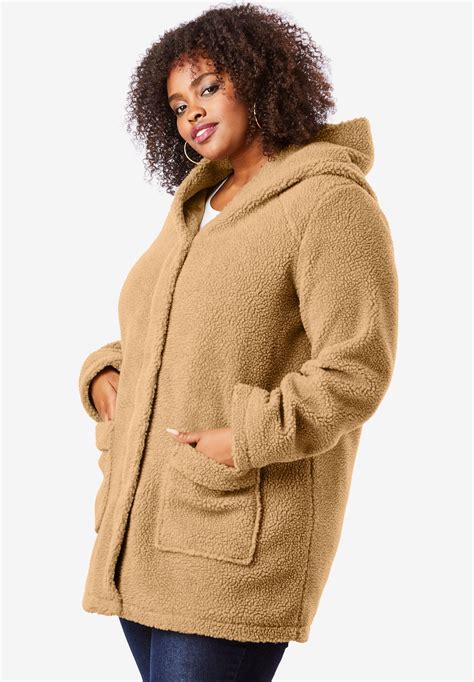 Hooded Textured Fleece Coat Plus Size Wool And Fleece Roamans Fleece