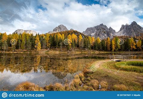 Lago Di Antorno And Dolomiti Mountain Reflection In Autumn Forest
