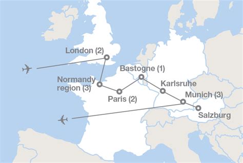You can also see the distance in miles and km below the map. D-Day: England, France and Germany | EF Educational Tours