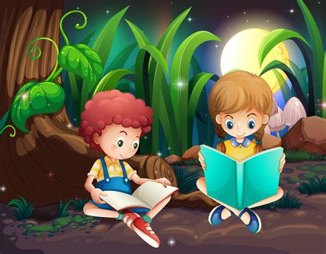 Boy And Girl Reading Book In Garden 376873 Vector Art At