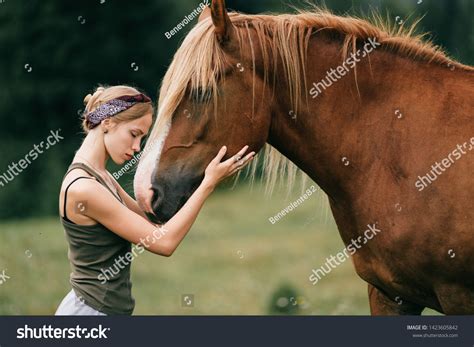 Young Beautiful Girl Hugging Horse Nature Stock Photo 1423605842