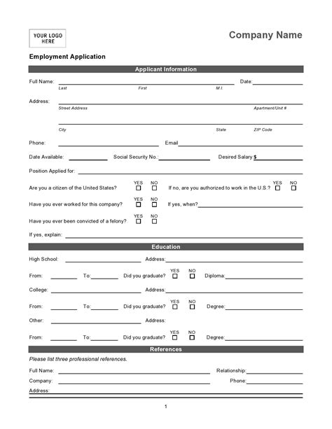 Applications For Employment Template