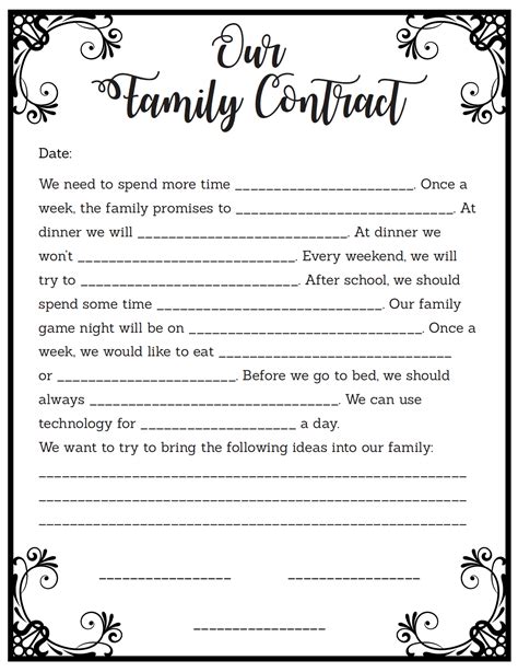 Family Contract Free Printable: Fill In The Blank Contract For Kids