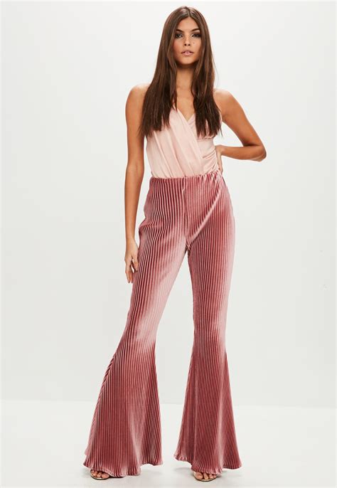 Lyst Missguided Pink Ribbed Velvet Kick Flare Pants In Pink