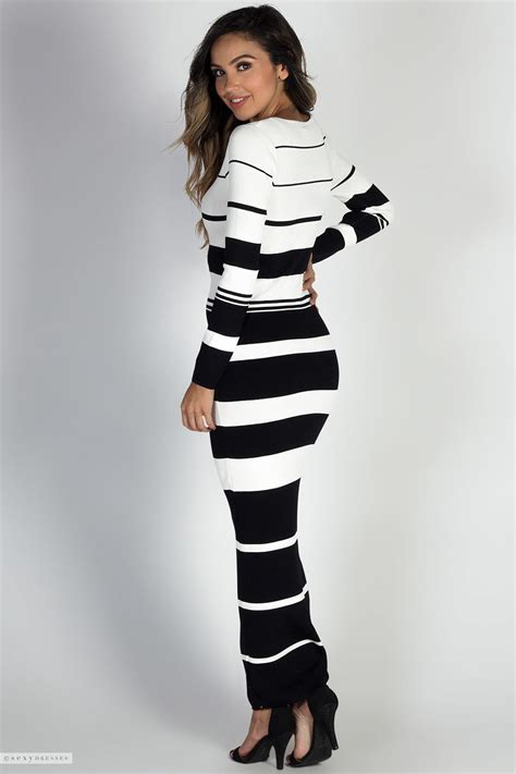 Classic Black And White Long Sleeve Striped Bodycon Knit Maxi Sweater Dress Long Sweater Dress