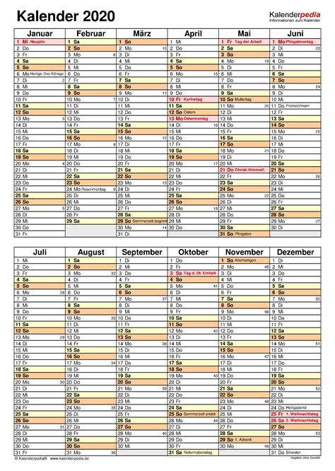 Kalender 2021 mit kalenderwochen + feiertagen: Kalender 2020 zum Ausdrucken in Excel - 17 Vorlagen ...