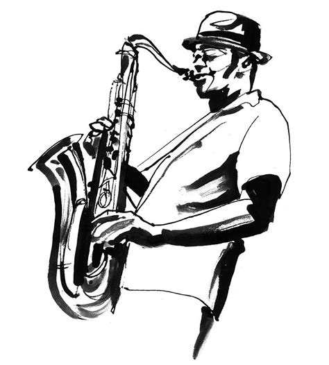 Jazz Sax Player Black And White Ink Illustration By Eri Griffin