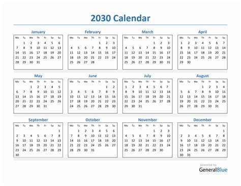 2030 Simple Yearly Calendar Pdf Excel Word