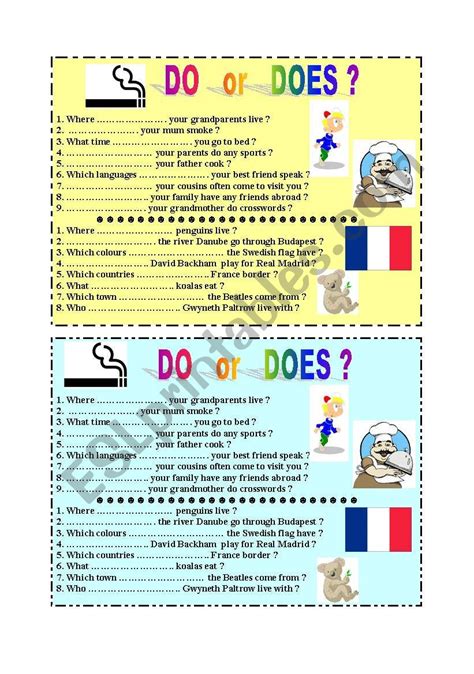 Do and does are used to make questions and negatives. DO or DOES ? - grammar and speaking - ESL worksheet by denfer