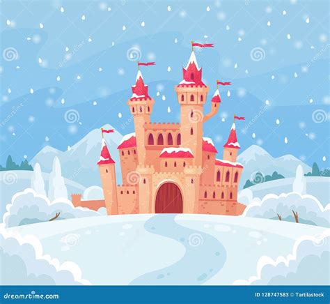 Fairy Tales Winter Castle Magical Snowy Landscape With Medieval Castle