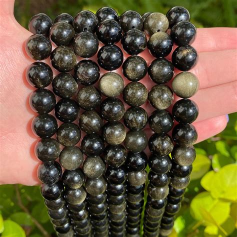 Obsidian Beads Gold Black Round Polished Natural Gemstone Loose
