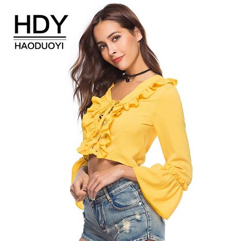 Hdy Haoduoyi Yellow Blouse Long Flare Sleeve Ruffles Crop Tops Deep V Neck Sexy Shirts Front