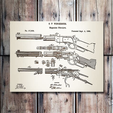 Winchester Firearm Patent Art Wooden Sign Laser Engraved Wall Art