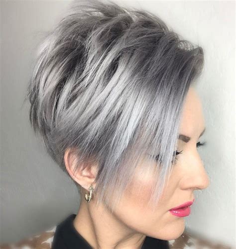 Spiked top + hard part. 2020 Popular Spiky Gray Pixie Haircuts