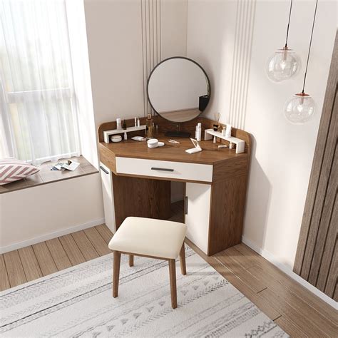 Corner Makeup Vanity With Drawer And Side Cabinet Multifunctional