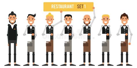 Set Of Restaurant Workers Hostess With Waiters In Flat Style Stock