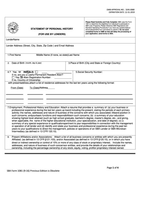 Fillable Sba Form 1081 Statement Of Personal History For Use By
