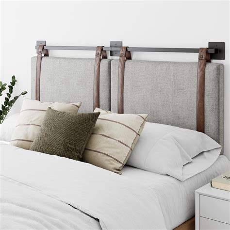 Nathan james harlow wall mount faux leather or fabric upholstered headboard, adjustable height vintage brown straps with black matte metal rail, full queen, gray. Pin on apartment lookin'