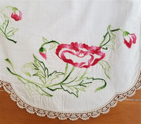 Vintage Ivory Linen Embroidered Rose Table Runner Flower Etsy Italia