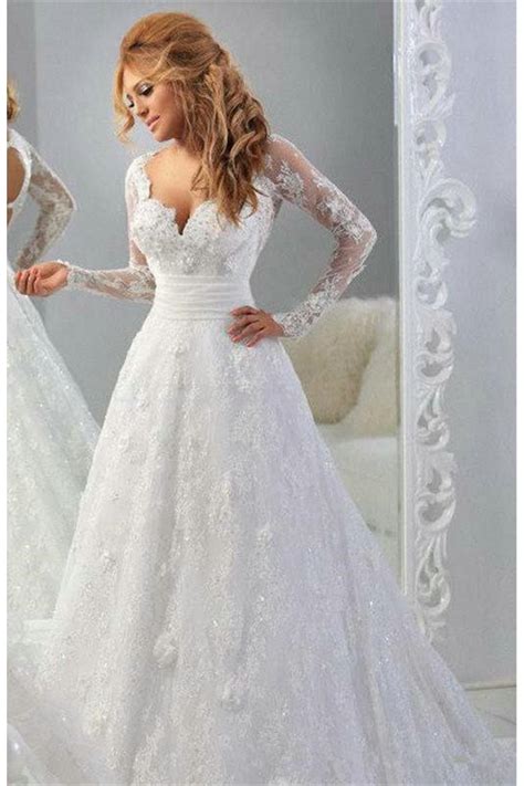 Long Sleeves V Neck Lace Wedding Dresses Bridal Gowns 3030048