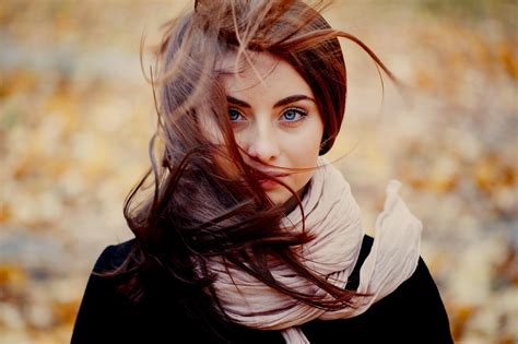 Women Redhead Blue Eyes Long Hair Hair In Face Face Windy Black Coat Ann Nevreva Natalya