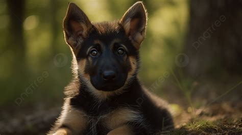German Shepherd Puppy Is Laying In The Woods With Eyes Staring