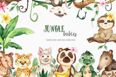Watercolor Jungle Babies Animals Clipart Design Template Place