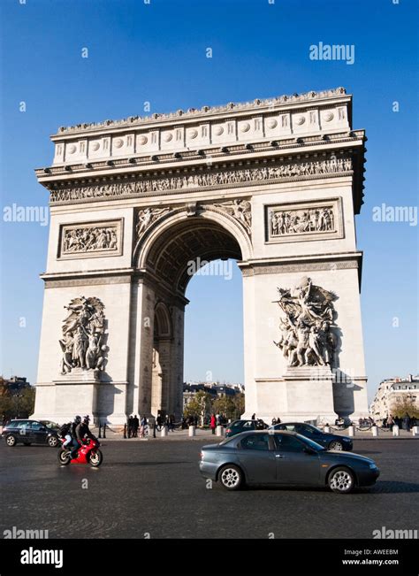 Paris France The Arc De Triomphe With Cars Driving Around It Stock