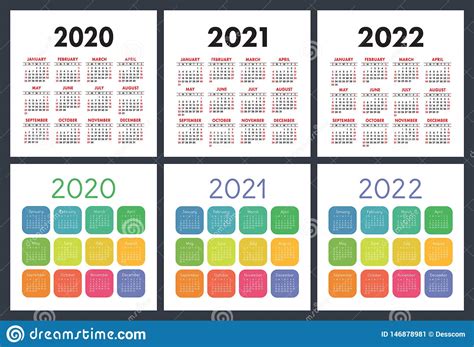 English Calendar 2020 2021 2022 Pocket Calender Colorful Set Week