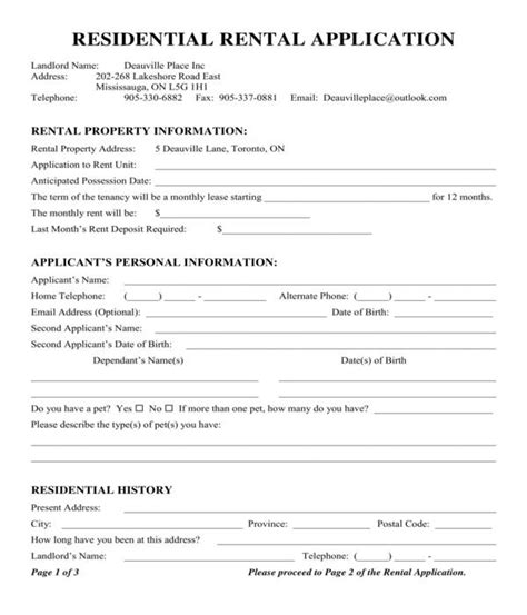 Free Printable Residential Rental Application