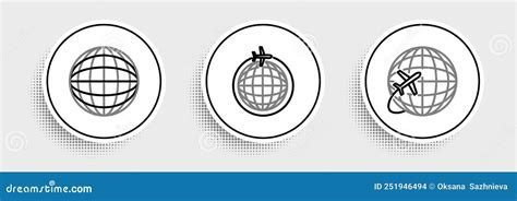 Set Line Globe With Flying Plane Earth Globe And Icon Vector Stock