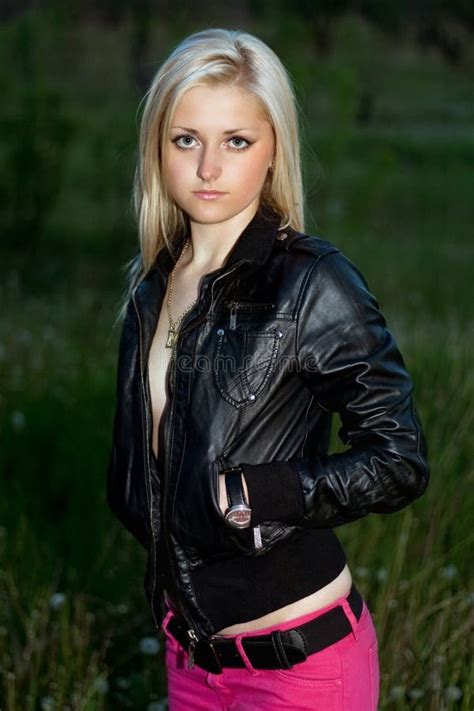 Blonde In A Black Leather Jacket Stock Photo Image Of Blonde Green