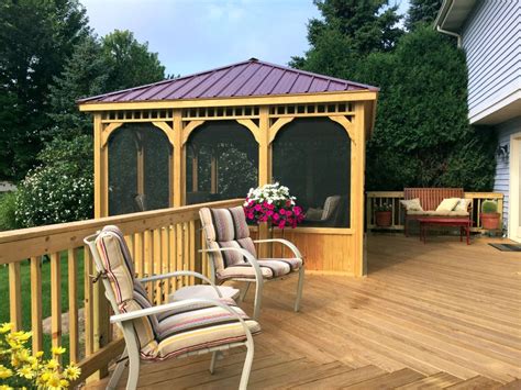 Screened Gazebo On Deck With Kneewall Rails And Contrasting Roof By