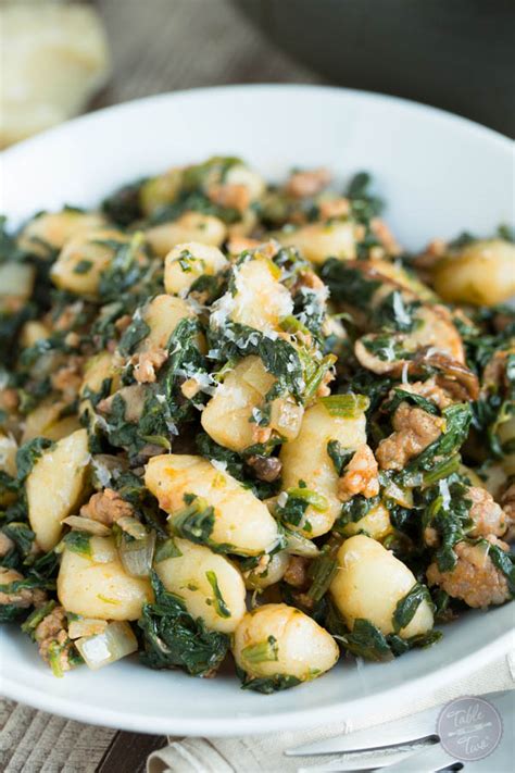 Caramelized onions add so much needed flavor to this meatless pasta. Spicy Sausage, Spinach, and Mushroom Gnocchi - Table for Two